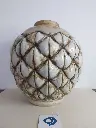 Joseph MOUGIN (1876-1961), rare vase Pin d'Afrique, circa 1930, grès moulé émaillé à décor vitrifié, H 29 cm, signé.  Atelier de Lunéville 1924-1936.