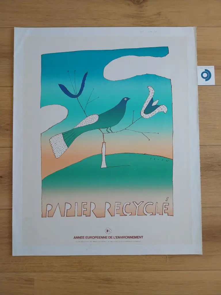 Jean-Michel FOLON (1934-2005), Papiers recyclés, 1987, impression couleur d'après, signée, 65 x 51 cm.