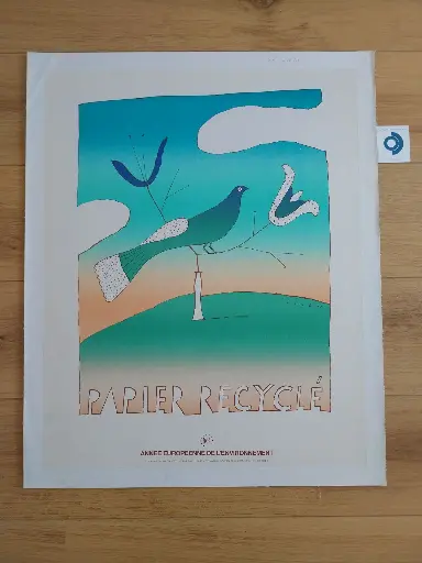 Jean-Michel FOLON (1934-2005), Papiers recyclés, 1987, impression couleur d'après, signée, 65 x 51 cm.